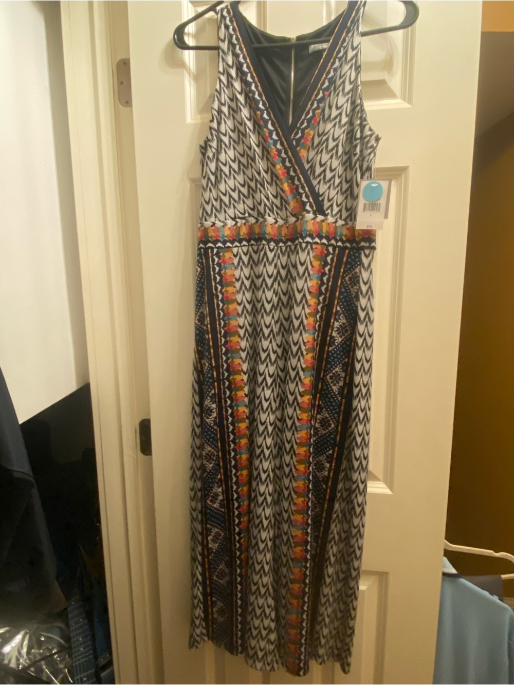 Sleeveless V-Neck Black & White Patterned Maxi Dress with Colorful Trim